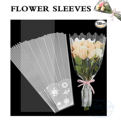 Disposable Flower Bouquet Sleeves Plastic Wrapping Bags 150Pcs With Strip And Lace Decor