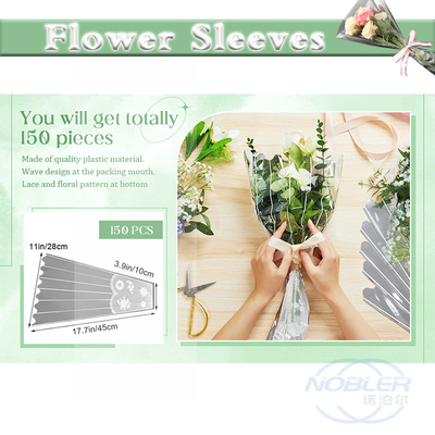 Disposable Flower Bouquet Sleeves Plastic Wrapping Bags 150Pcs With Strip And Lace Decor