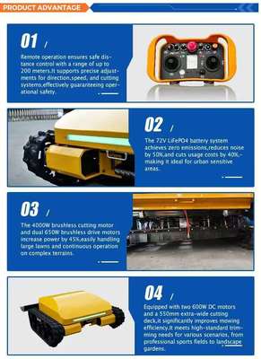 Remote-controlled intelligent crawler lawn mower, with lithium iron phosphate (LiFePO₄) battery, four-wheel drive, energy-saving and environmentally friendly, and 3 hours of continuous operation.
